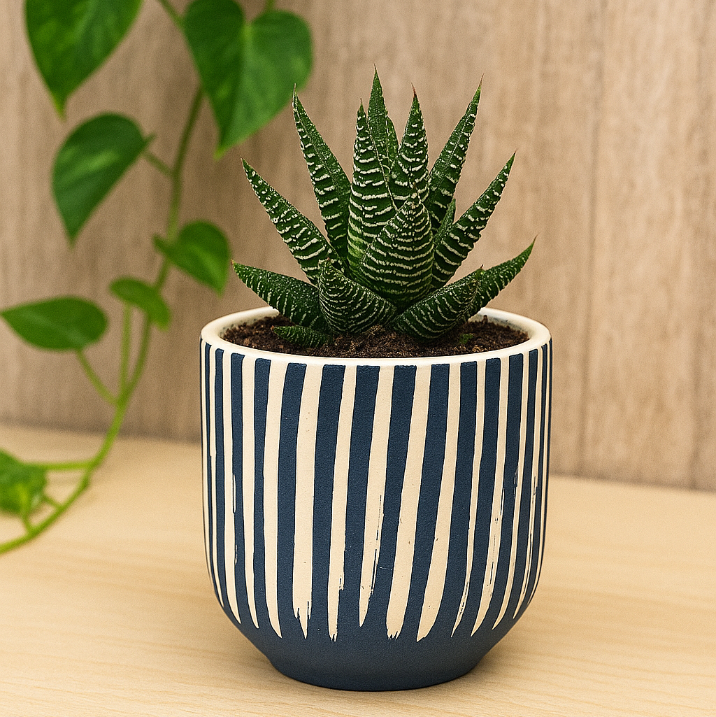 4 inch Blue Stripe Ceramic Pot
