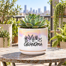 A white ceramic planter pot with a saucer, featuring a black graphic of potted plants and the word 'GRANDMA' in script, set on a wooden table in a bright, modern living room.