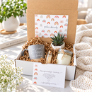 A curated gift box set with a small succulent, a glass jar candle, cards with positive quotes, and a branded box lid printed with repeating rainbow motifs and the phrase 'positive vibes only'. The box is styled on a light surface with a blue knit blanket nearby.
