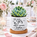 ceramic personalized succulent pot with succulent bridal shower favor she said yes for sale, ivory glazed pots with engraved details, bulk set of 24 includes living plants, ideal for coordinated wedding guest favors and shower decorations, stunning gift collection for bride and entire wedding party