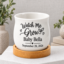 buy Pack of Personalized Succulent Pot for Baby Shower Favor - Watch Me Grow online, white glazed ceramic barrel-style mini planter, includes natural bamboo drainage tray, custom printed with baby's name and arrival date, perfect as a sweet baby shower party favor or keepsake gift