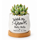 buy Pack of Personalized Succulent Pot for Baby Shower Favor - Watch Me Grow online, white glazed ceramic barrel-style mini planter, includes natural bamboo drainage tray, custom printed with baby's name and arrival date, perfect as a sweet baby shower party favor or keepsake gift