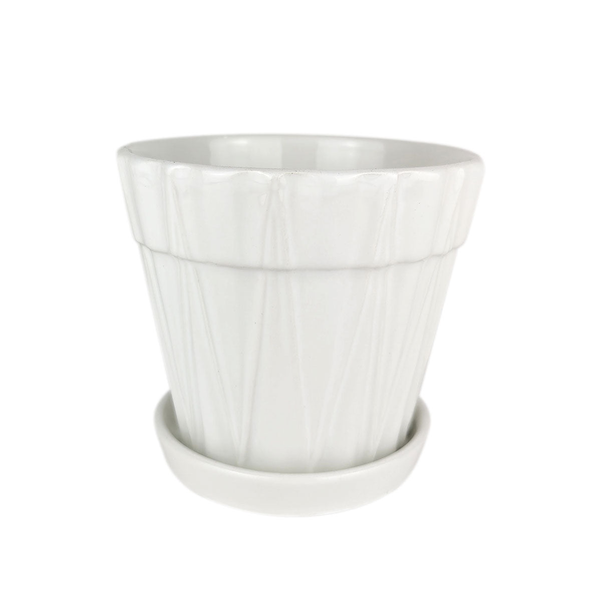 white decorative ceramic pot, pot with saucer and drainage hole, medium stylist pot for houseplants