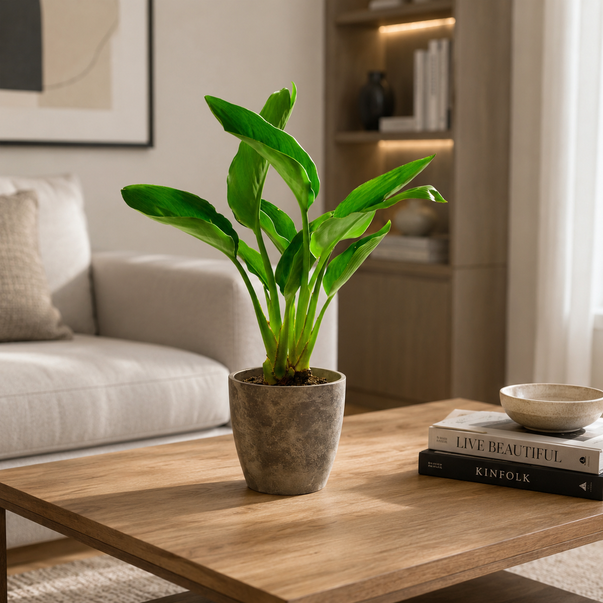 Potted plant on a wooden coffee table in a living room setting