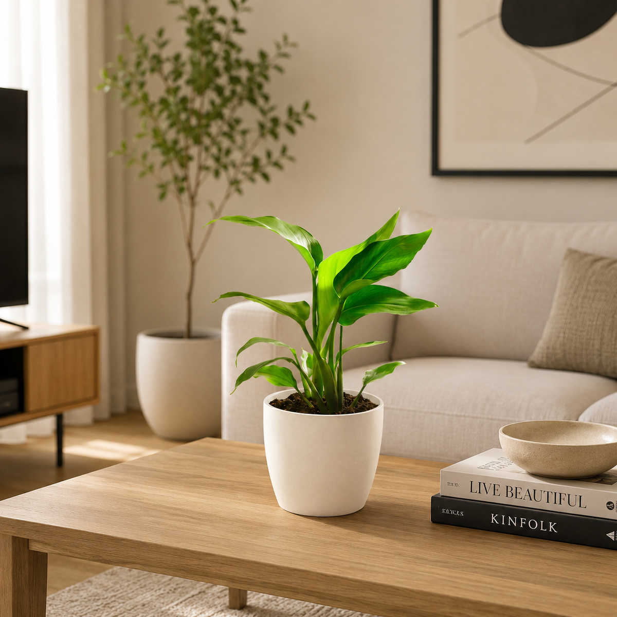 Potted plant on a wooden coffee table in a living room setting