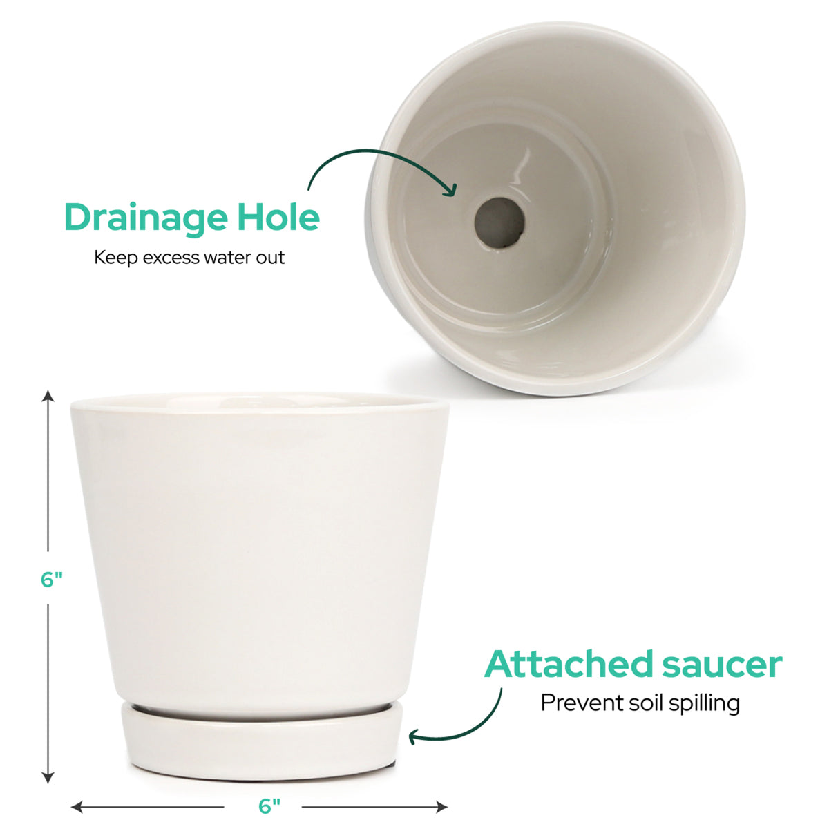 6 inch Oatmeal Minimalist Pot with Saucer, 6 inch ceramic pot with drainage hole, 6 inch pot for indoor plants, ceramic pots for succulents