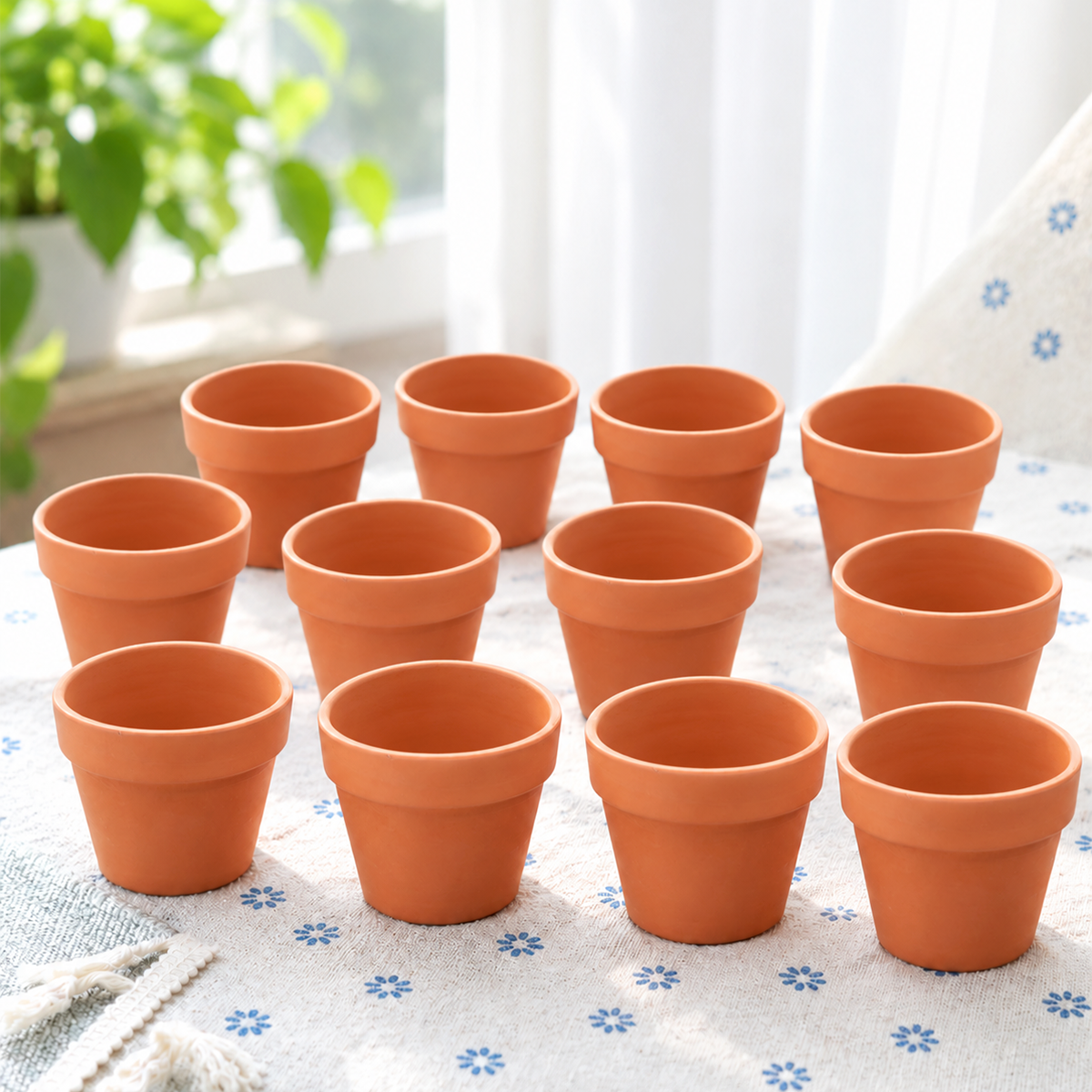 Mini terracotta pots arranged in rows for succulent planting