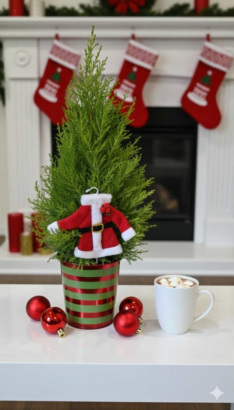 Scented holiday plant gift, Buy mini Santa Christmas tree online, Lemon Cypress Cone Mini Christmas Tree with Mr. Claus decoration