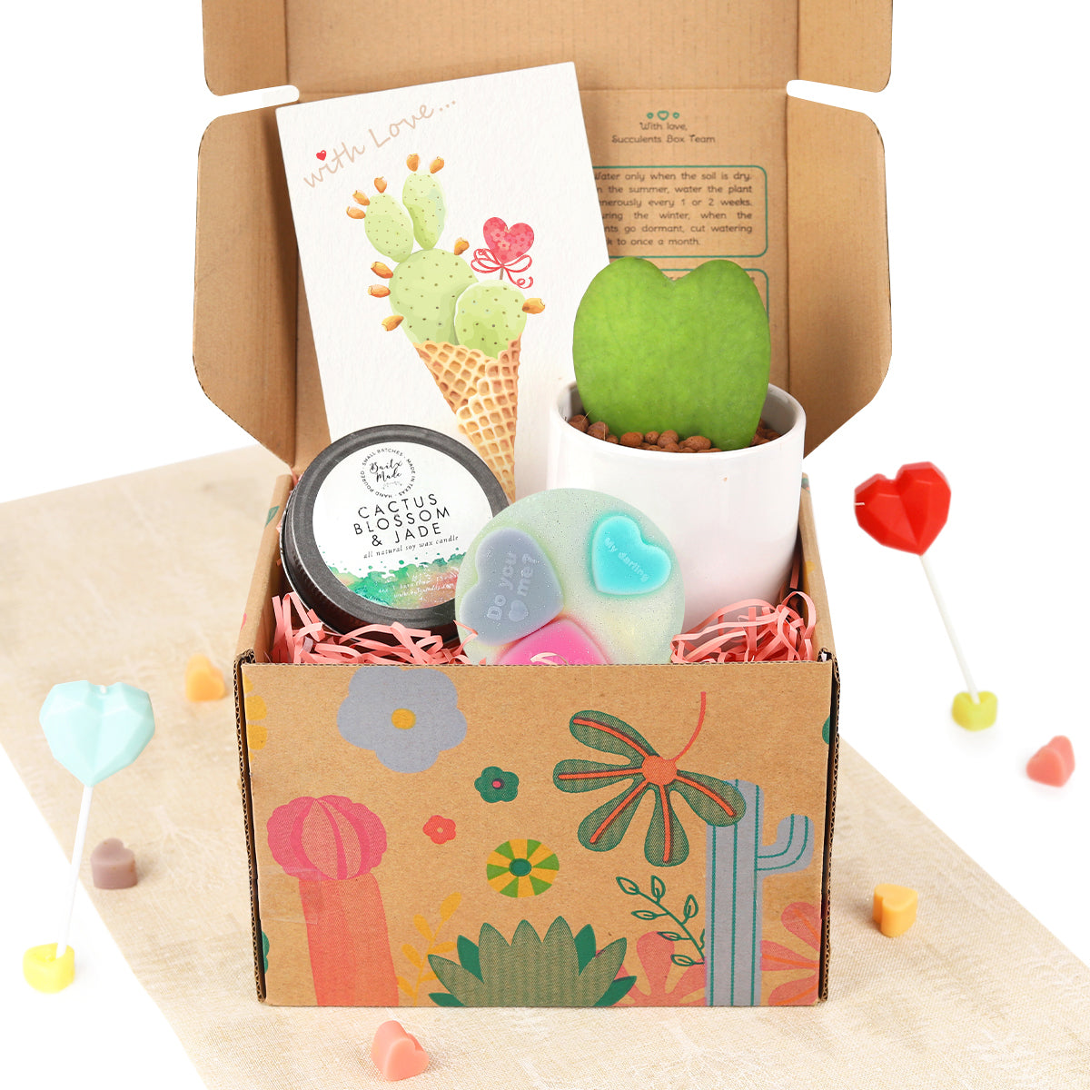 gift box, valentine's day gift box, cute gift box, gift box with plants, gift box with soy candle, gift box with jelly soap, gift box for her