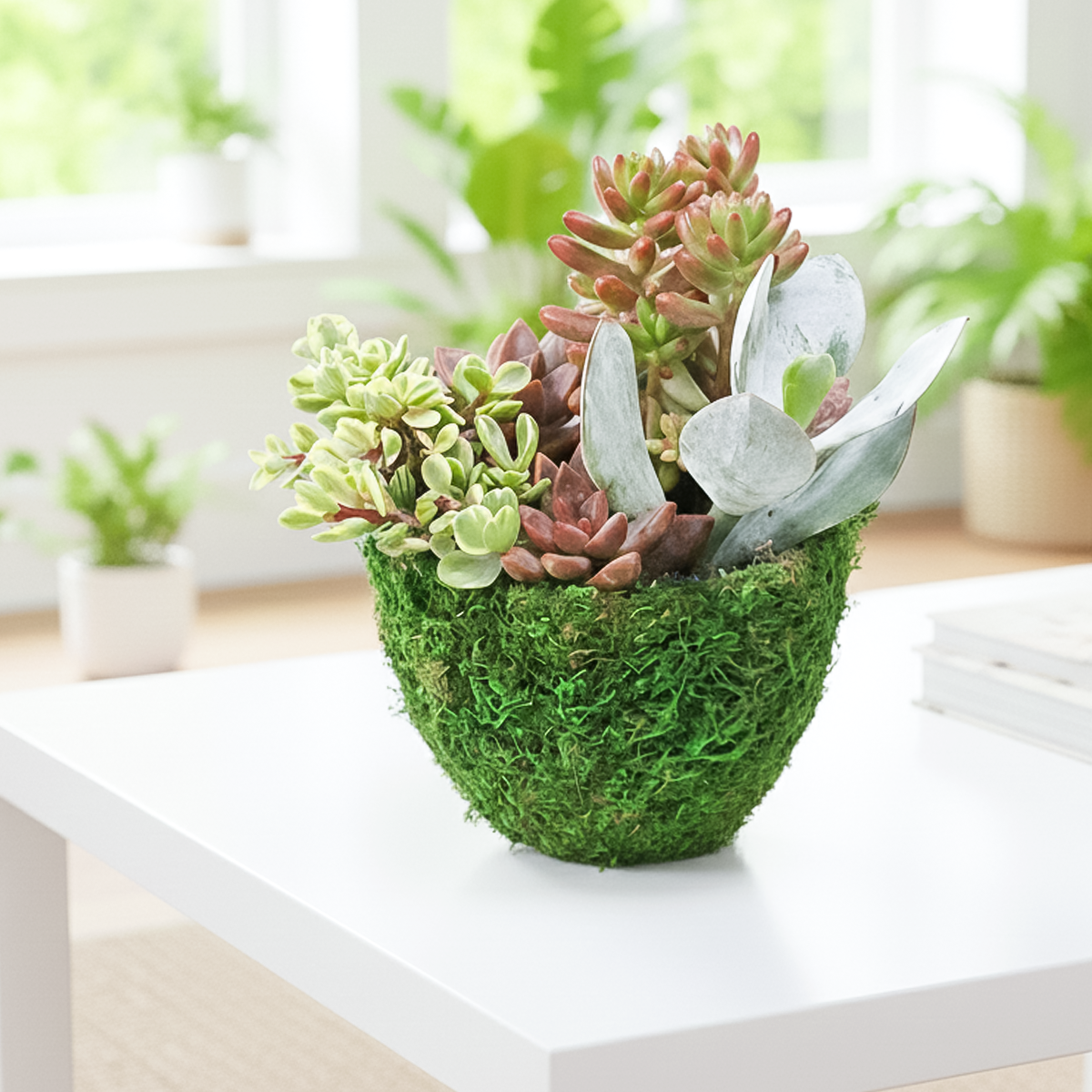 Moss-wrapped planter with succulents on a white surface
