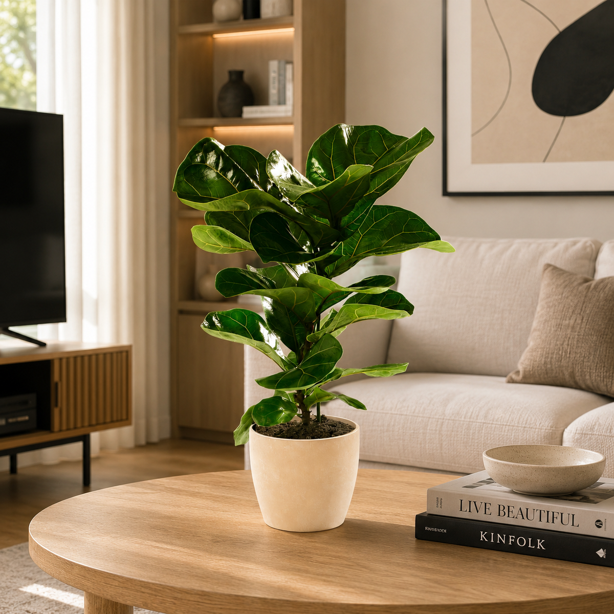 Potted fiddle leaf fig plant on a wooden coffee table in a living room.