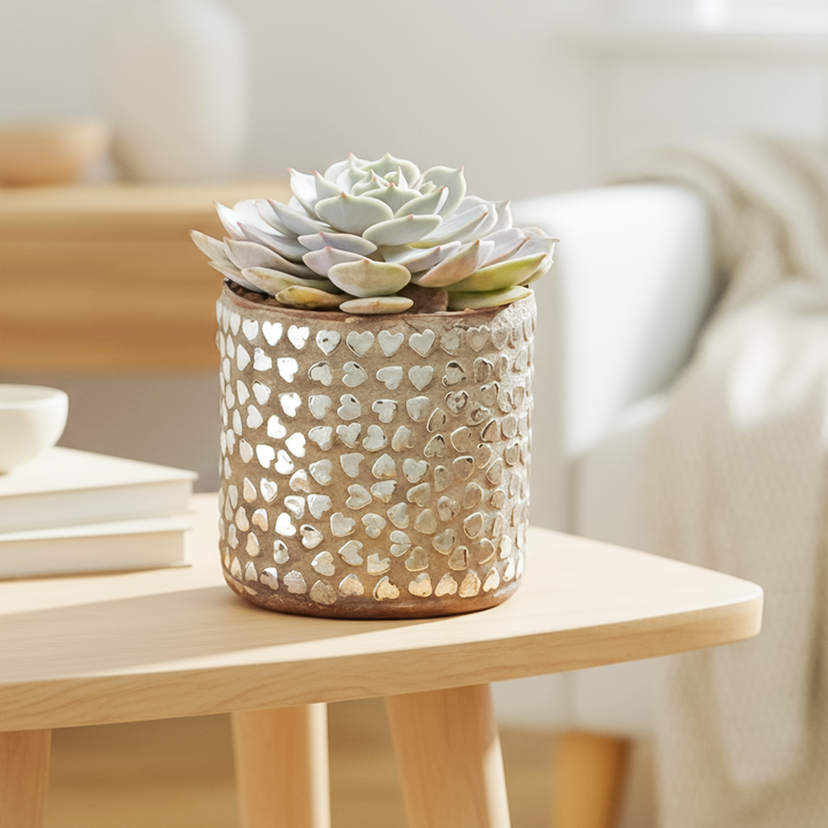 Ceramic pot with a succulent plant on a wooden table in a home setting