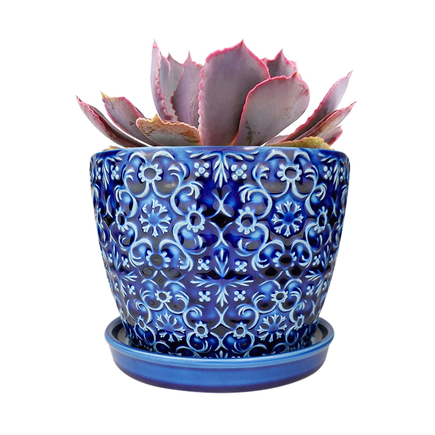 blue floral plant pot Blue Ceramic Mediterranean Bell Pot - Boho Ceramic Planter For Sale