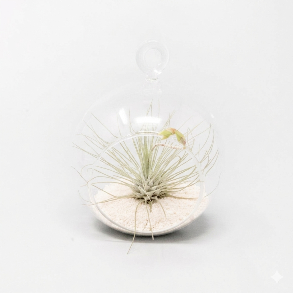 4-Inch Flat Bottom Hanging Orb with White Sand and Live Ionantha, Tillandsia Ionantha glass globe kit for home decor, Modern tabletop air plant arrangement with sand