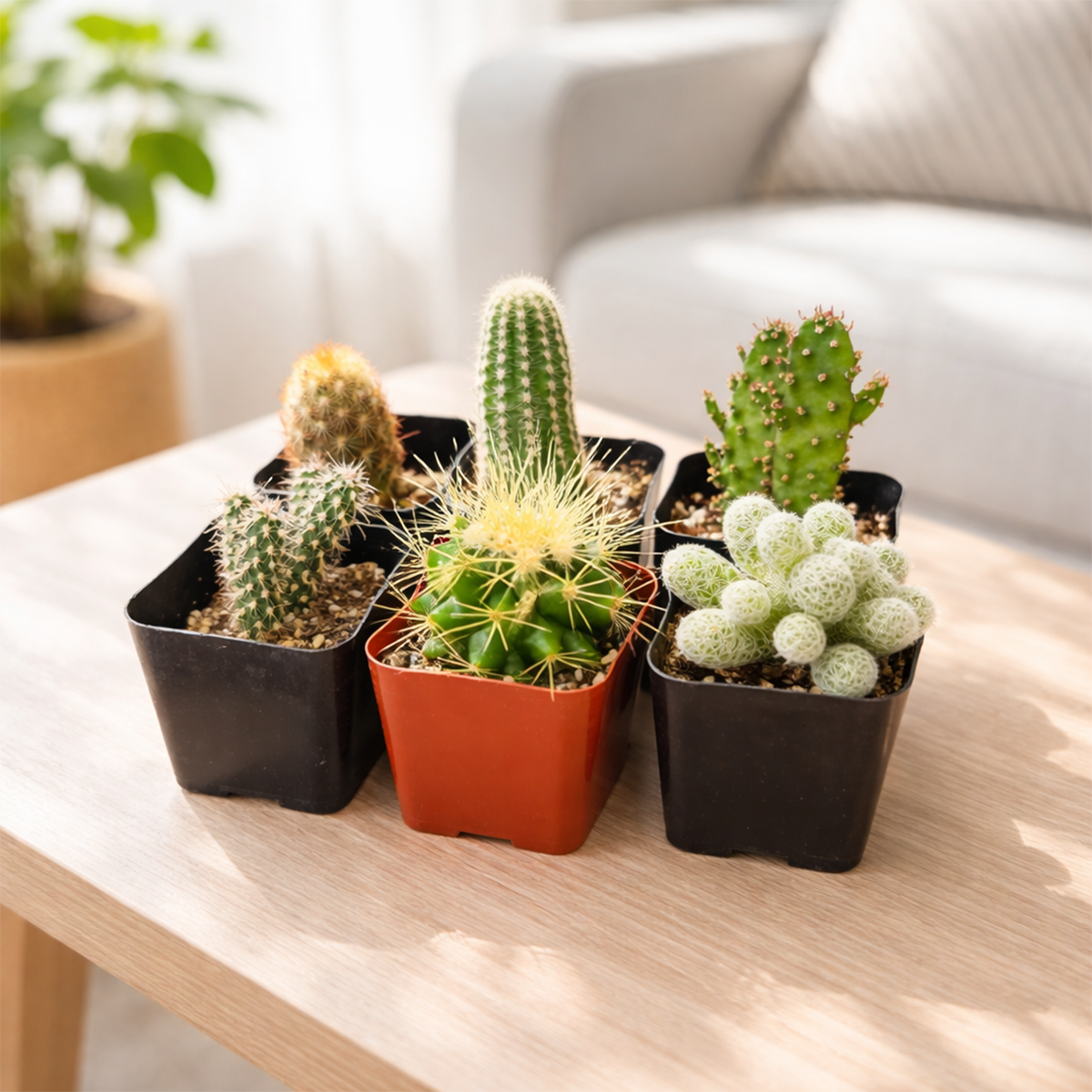 An assortment of 6 diverse cacti in individual square nursery pots is clustered on a light wooden table. The collection showcases a variety of textures, shapes, and spine patterns typical of desert plants