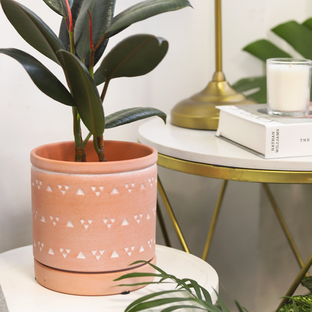 6&quot; Triangle Pattern Flower Pot with Drainage Hole, 6 inch Cylindrical Terracotta Pot with Coaster for Succulent and Houseplant, Terracotta Pottery Succulent Planter for Sale, unique decorative cylinder planters