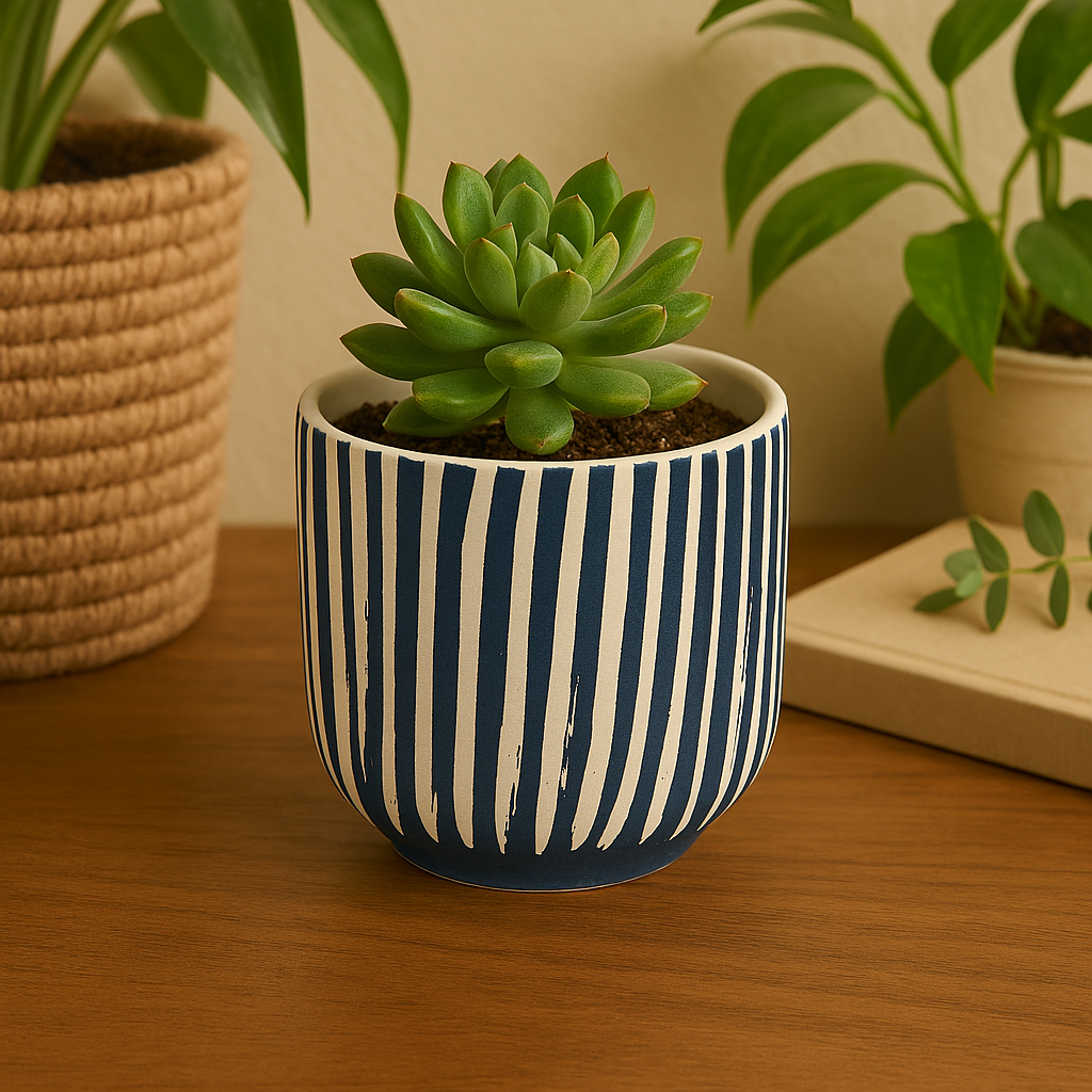 Decorative 4 inch Blue Stripe Ceramic Pot for Succulents, succulents pots for sale, small pots for succulents