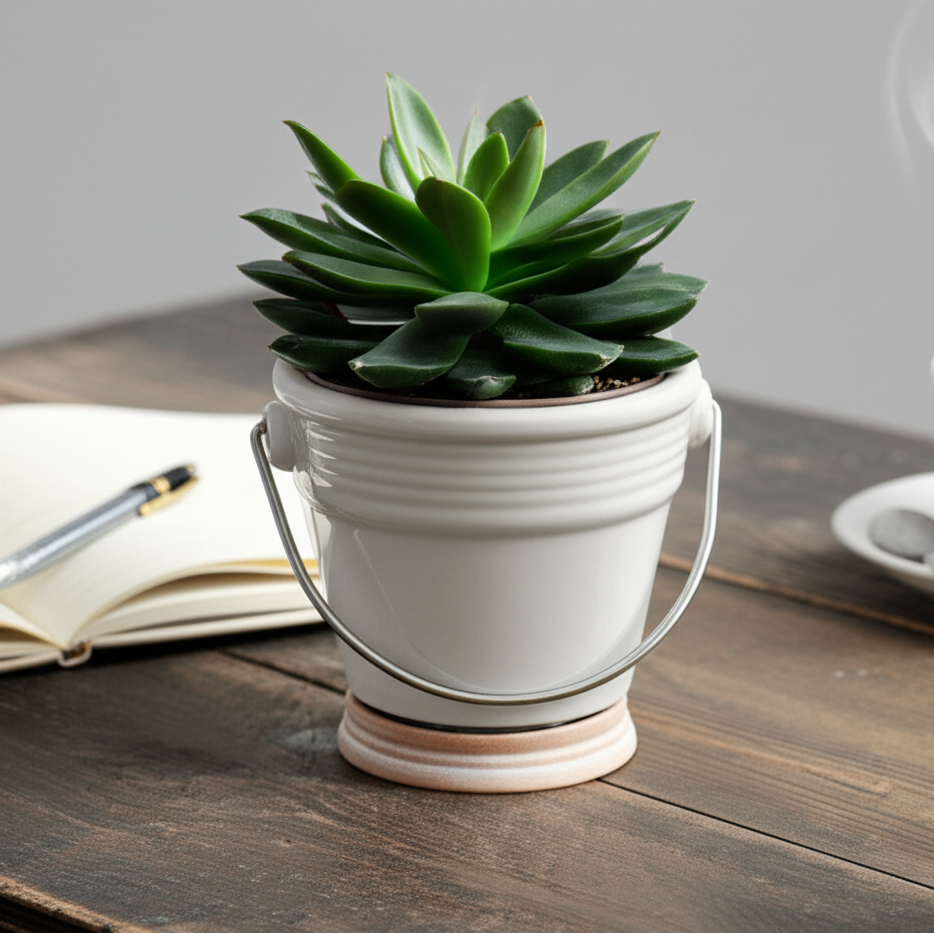 4 inch White Terracotta Pail Pot with Saucer, 4 inch Pot with Saucer, white ceramic pots for sale, small indoor plant pots