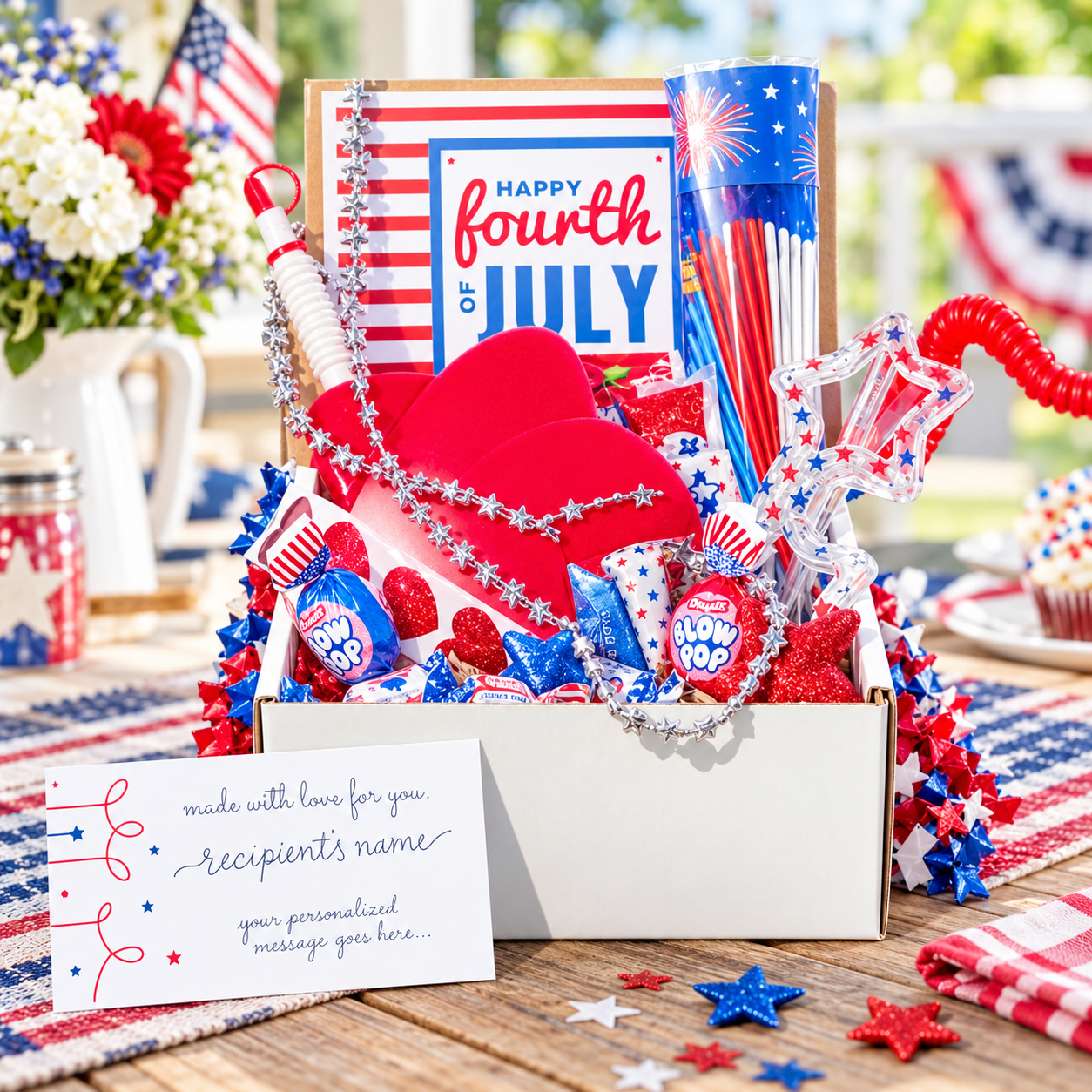 red white and blue 4th of july gift box for kids containing star sipper, usa necklace, glow sticks, led sparkle glasses, fidget toys, and patriotic candy treats arranged on a flat surface
