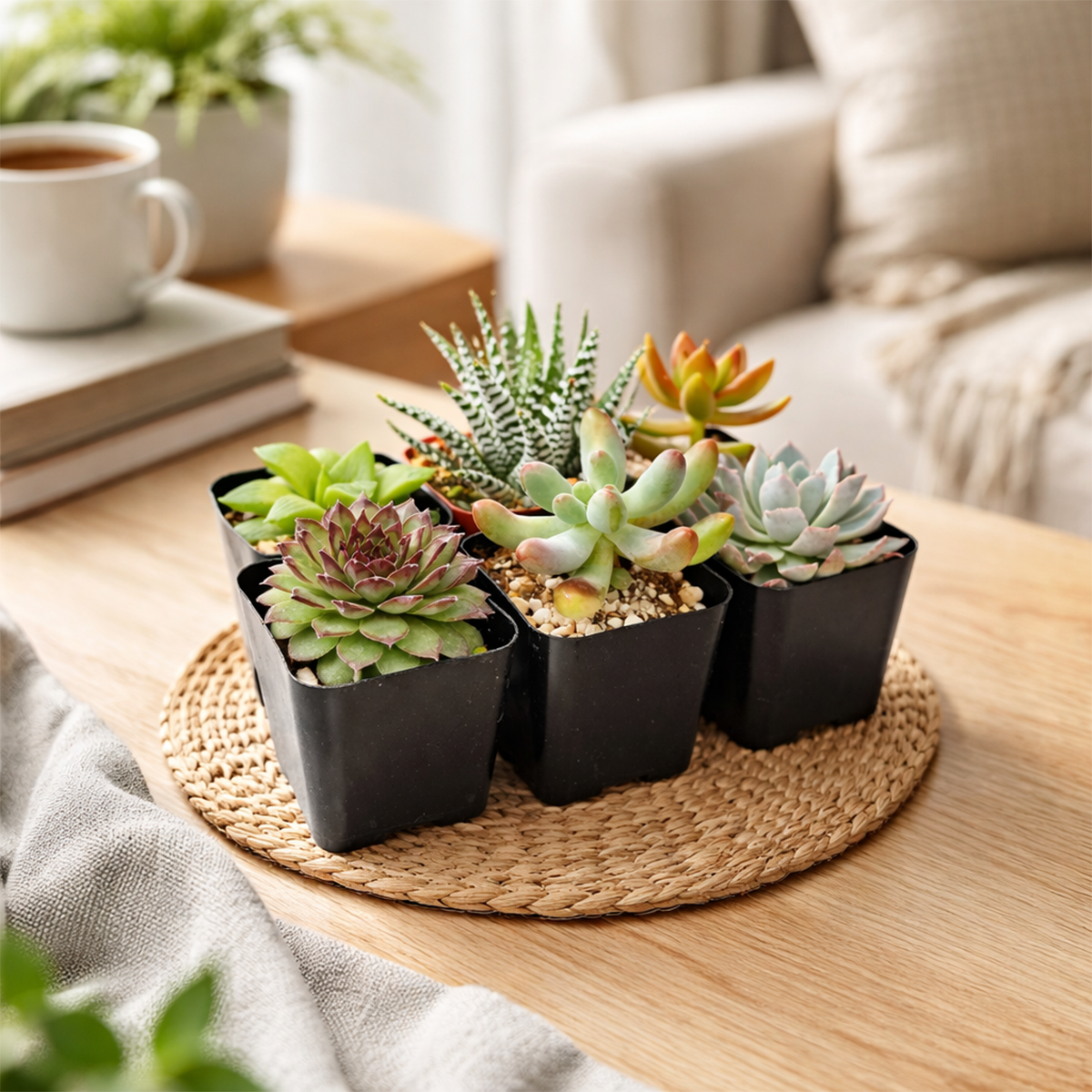 A curated collection of 6 pet-friendly succulents in small, square black pots is arranged on a woven seagrass coaster atop a light wooden coffee table. This "pet-safe" pack features varieties known for being non-toxic to cats and dogs