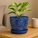 Blue Ceramic Mediterranean Bell Pot, 3 inch ceramic blue pots, ceramic pot with saucer, blue ceramic pots with drainage holes for sale online