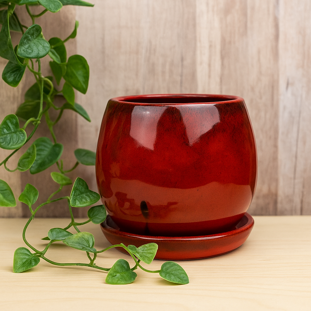 plant pot sale near me 6 inch Crimson Red Ceramic Pot with Saucer - Perfect for Live Indoor Plants
