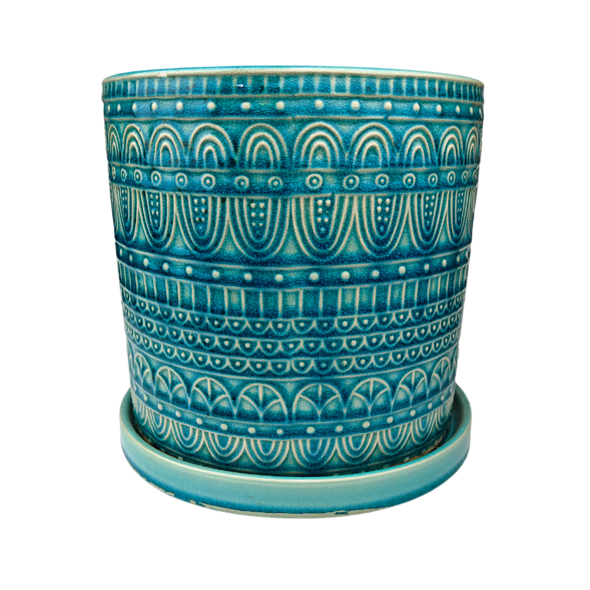 8 inch Teal Bohemian Arc Pot, 8 inch blue ceramic pot, indoor planter with saucer, blue geometric planter for sale