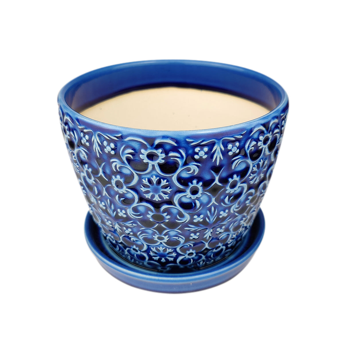 Best places to buy 6 inch Blue Ceramic Mediterranean Bell Pot with drainage holes and attached saucer, Decorative houseplant pots for plant lover gift ideas