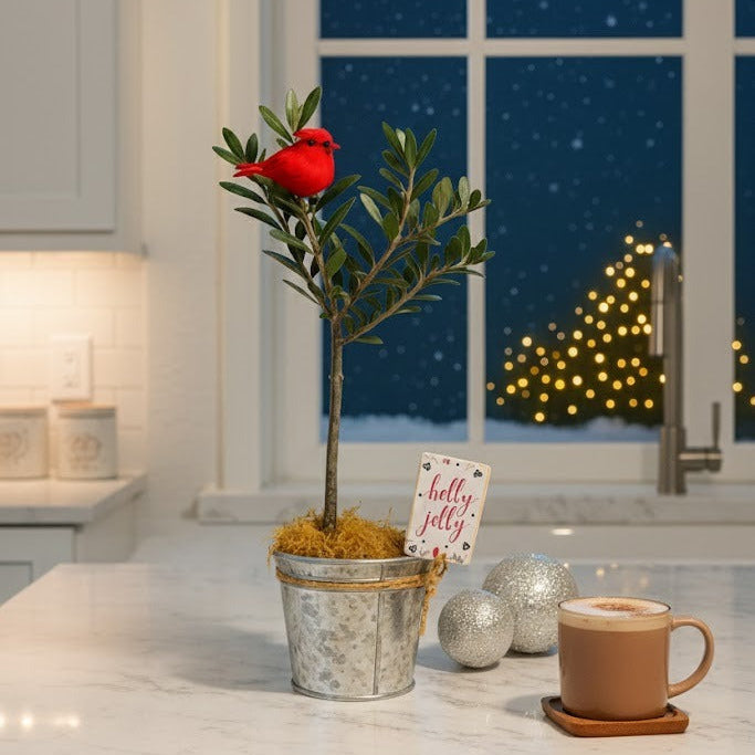 Rustic Olive Topiary in Silver Metal Tin with Rope Handle, Elegant Holiday Home Decor, Buy small olive topiary indoor