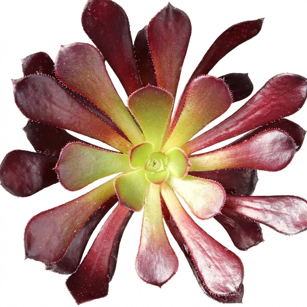 Close-up of an Aeonium arboreum 'Atropurpureum' on a white background, green succulents, indoor succulents, succulent care guide, buy succulents online