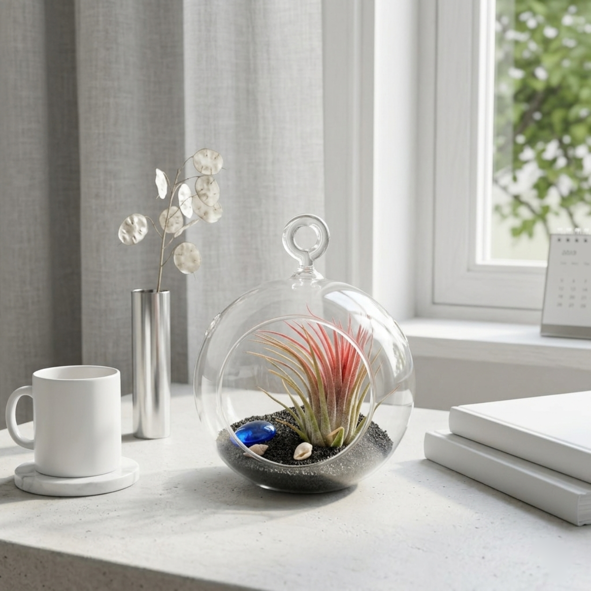 Air Plant Bubble Bowl Sealife Terrarium (Black Sand) on the white table, DIY beach themed glass globe terrarium, Modern nautical air plant arrangement for home