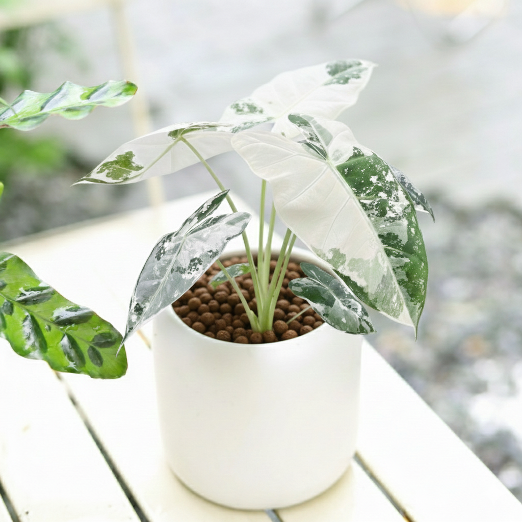 4 inch Alocasia Micholitziana 'Frydek' Variegated in white ceramic pot, buy rare houseplants online, tropical houseplants for sale