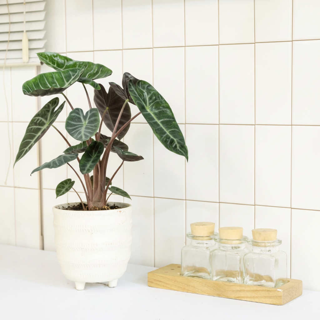 6 inch Alocasia Pink Dragon in white decorative pot, Alocasia plants for sale, buy Alocasia Pink Dragon online