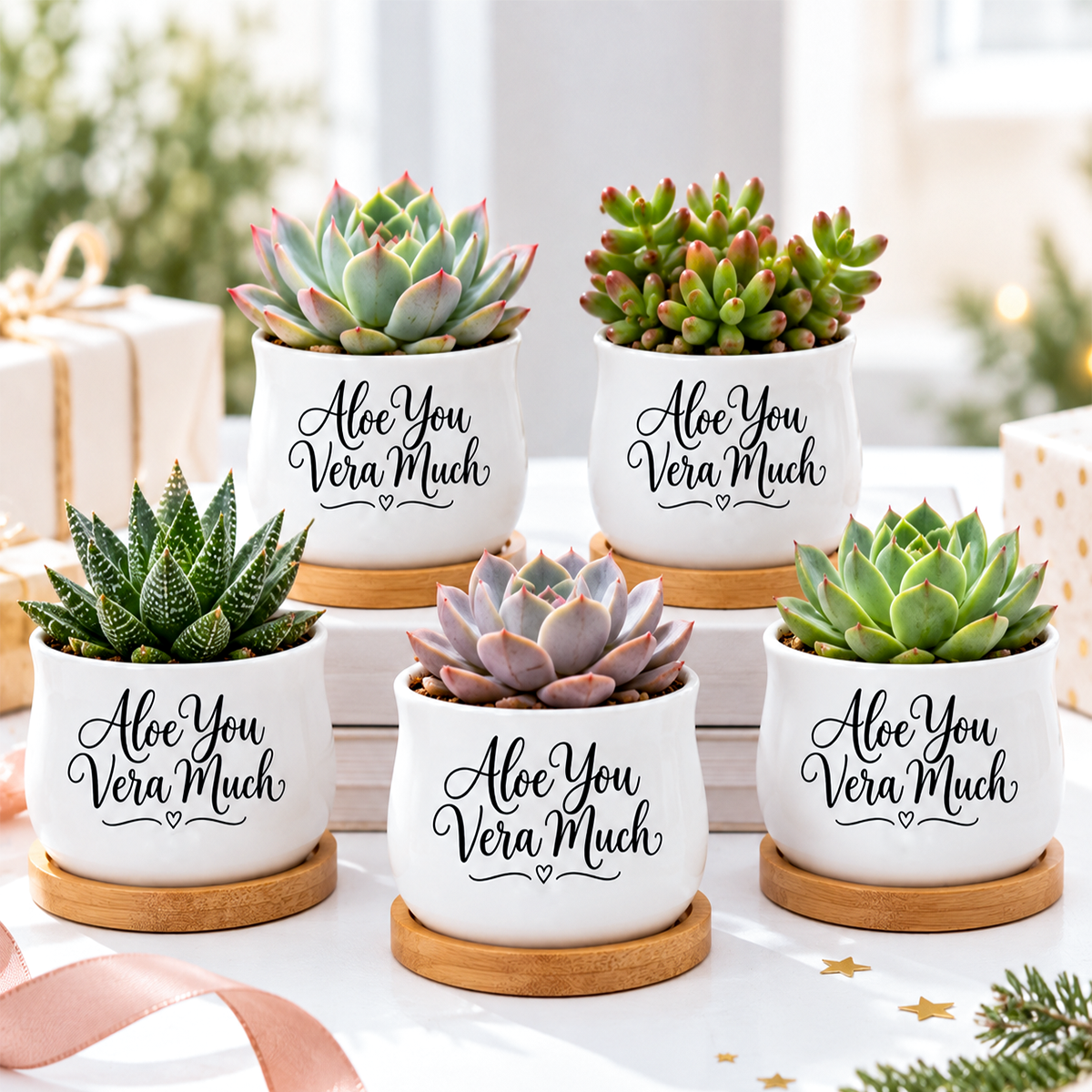 buy Pack of Succulent Pot - Aloe You Vera Much online, white glazed ceramic barrel-shaped mini planter, includes natural bamboo drainage tray, charming decorative design, perfect for small plants or tea light candles, ideal gift for plant lovers
