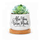 buy Succulent Pot - Aloe You Vera Much online, charming white mini pot with bamboo base, 2.6 inch diameter ceramic planter, versatile holder for plants candles or dried flowers, thoughtful gift for any occasion