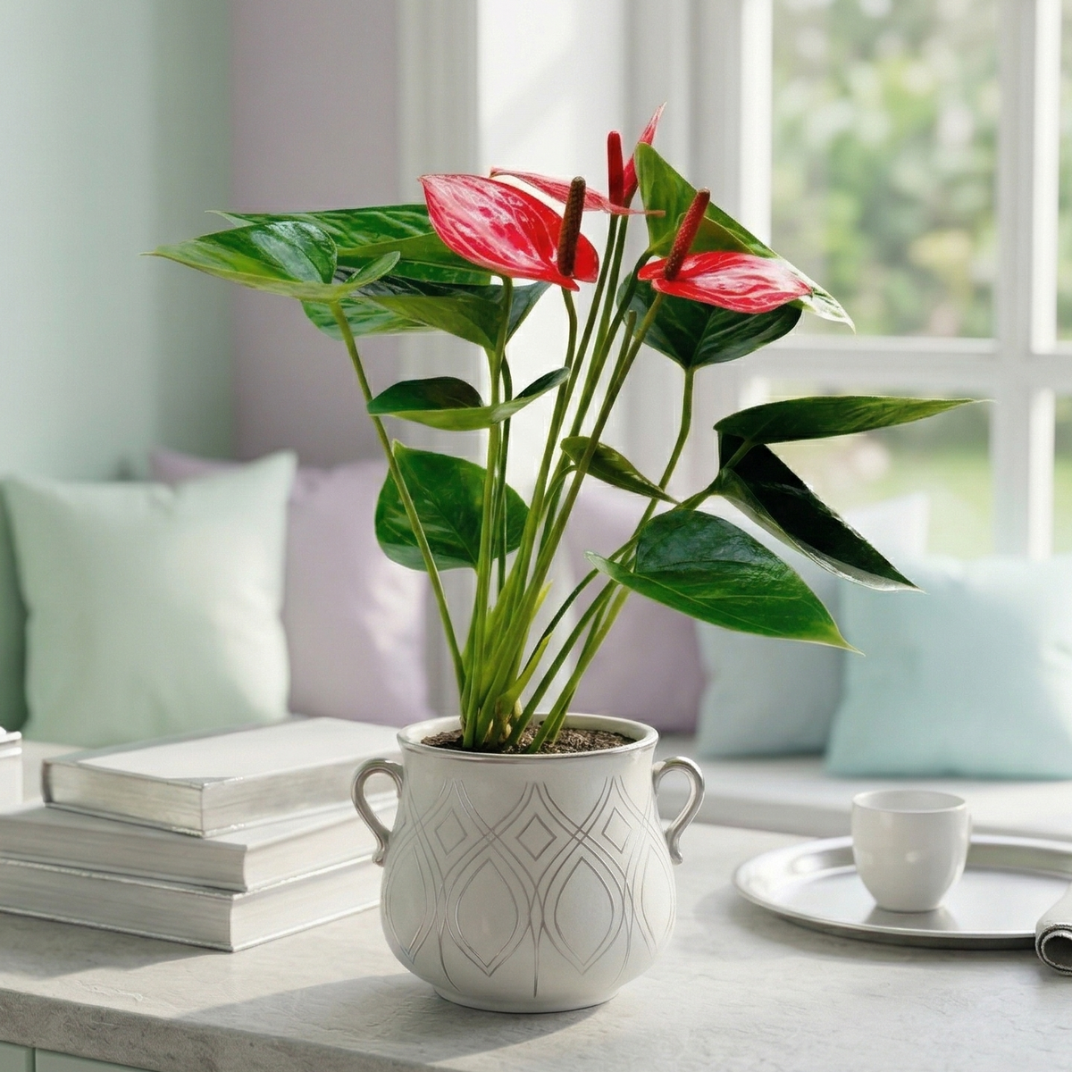 Anthurium 'Livium' live house plant for Sale, Flamingo Flower Anthurium Livium live houseplant glossy leaves blooming plant, Anthurium Livium houseplant bright indirect light flowering indoor plant
