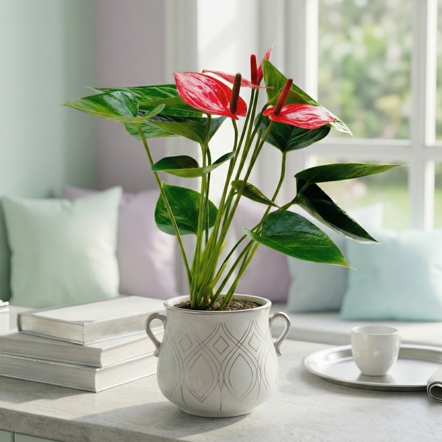 Anthurium 'Livium' live house plant for Sale, Flamingo Flower Anthurium Livium live houseplant glossy leaves blooming plant, Anthurium Livium houseplant bright indirect light flowering indoor plant