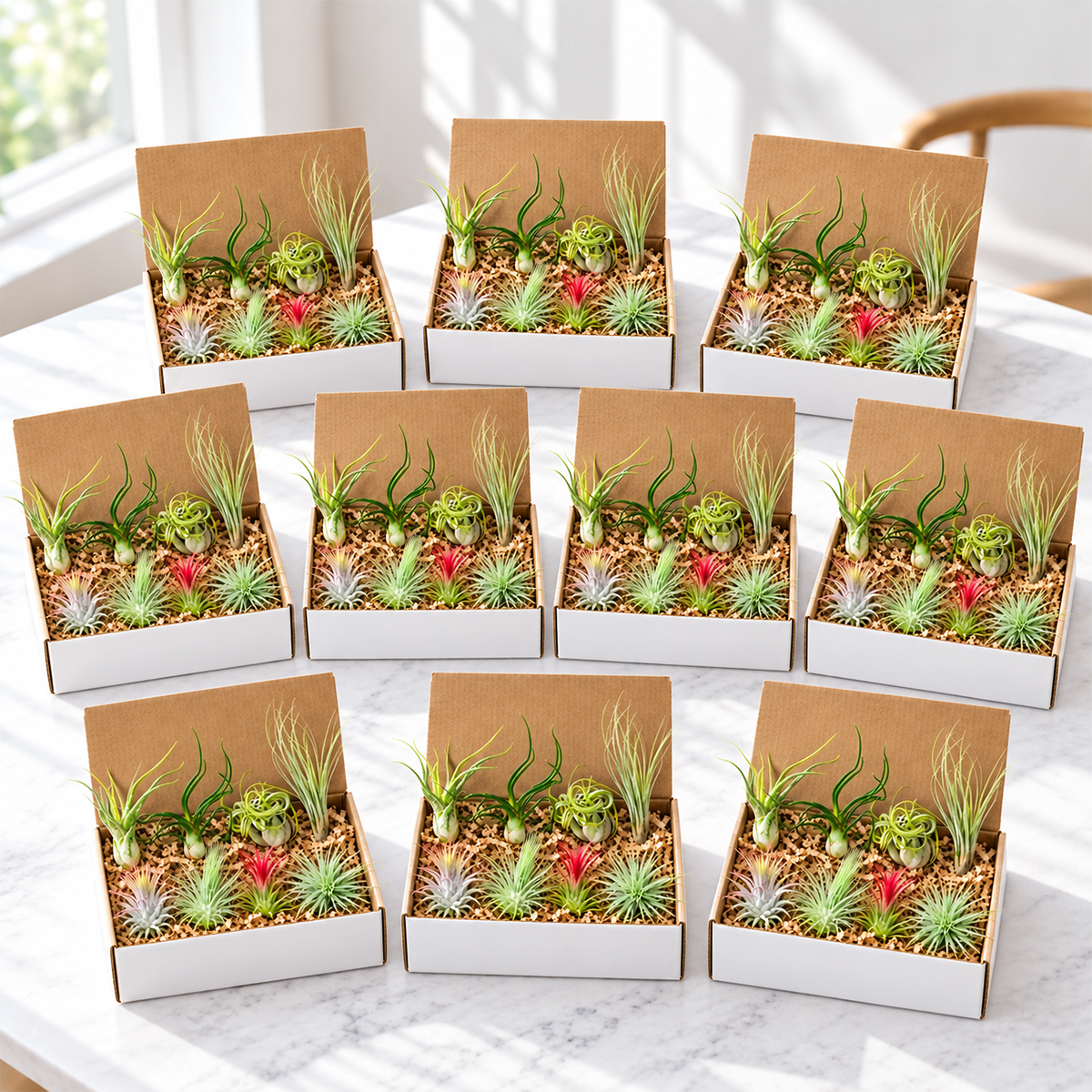 ten live air plants in various shades of green and silvery tones arranged together, displaying diverse shapes and sizes from compact rosettes to trailing varieties, photographed against a neutral background