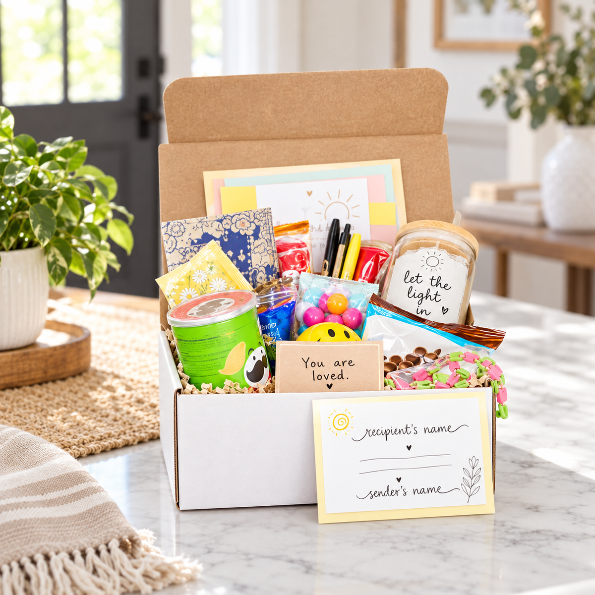 colorful back to school gift box arranged with a clear tumbler with lemon drink mixes, affirmation cards and stand, fidget spinner and stress ball, sticky notes and writing supplies, and assorted snacks including mac and cheese and popcorn, displayed on a neutral surface with a motivational notecard reading "reminder you've got this
