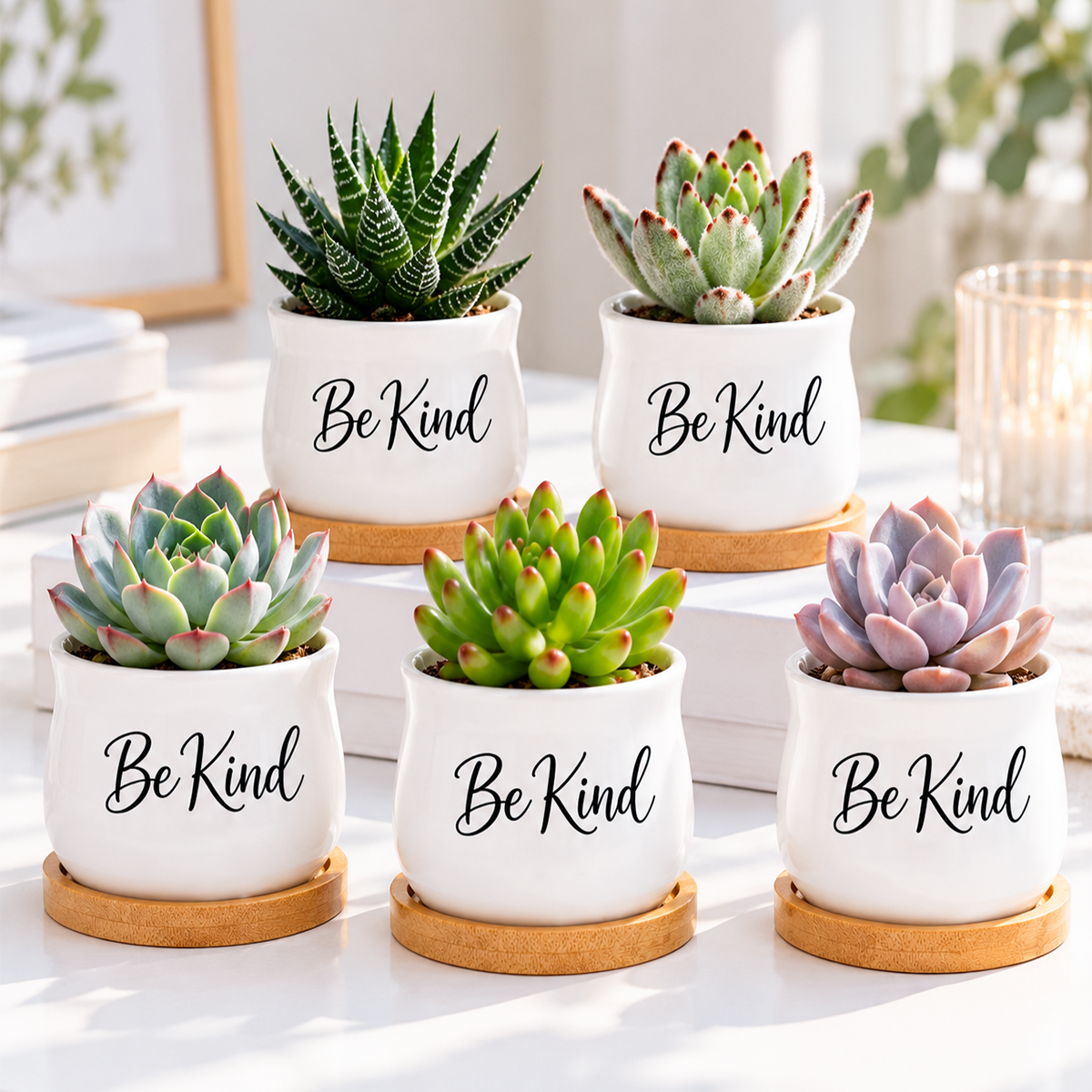 buy Pack of Succulent Pot - Be Kind online, white glazed ceramic mini planter, barrel-shaped with bamboo drainage tray included, perfect for small plants or candles, ideal gift for plant lovers and home decorators