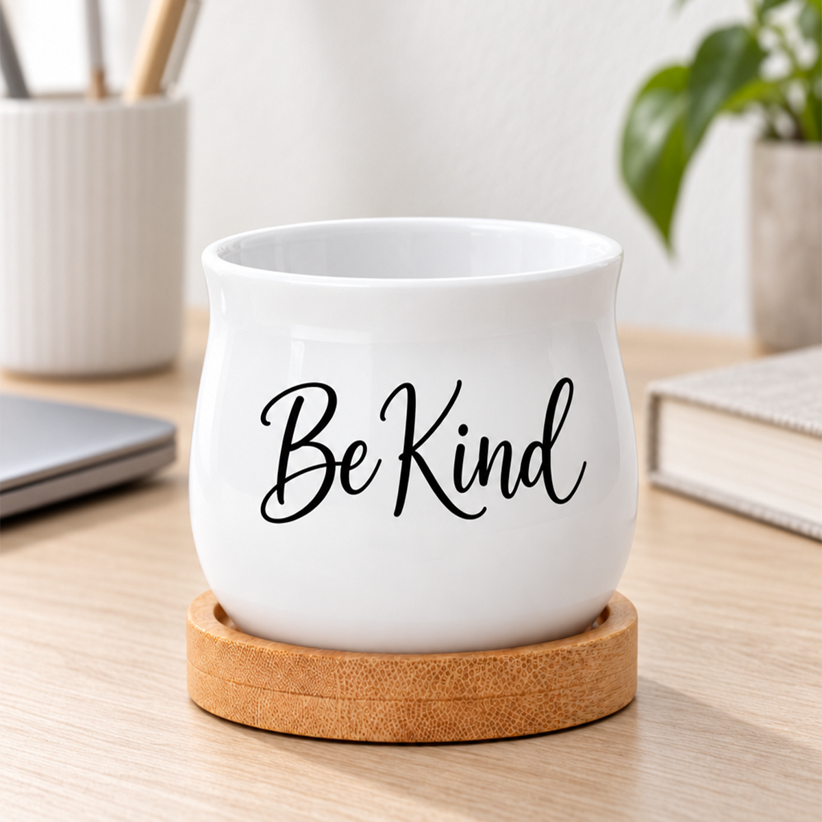 ceramic succulent pot - be kind for sale, compact tabletop planter with drainage hole, uplifting design accent, ideal desk or shelf display