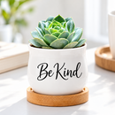 buy be kind succulent pot today, tiny white decorative planter with bamboo tray included, charming botanical accessory, great housewarming gift
