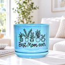 A light blue ceramic plant pot with a matching saucer, decorated with black line drawings of potted plants and the text 'Best Mom ever', sitting on a light-colored table in a bright, softly blurred living room setting.