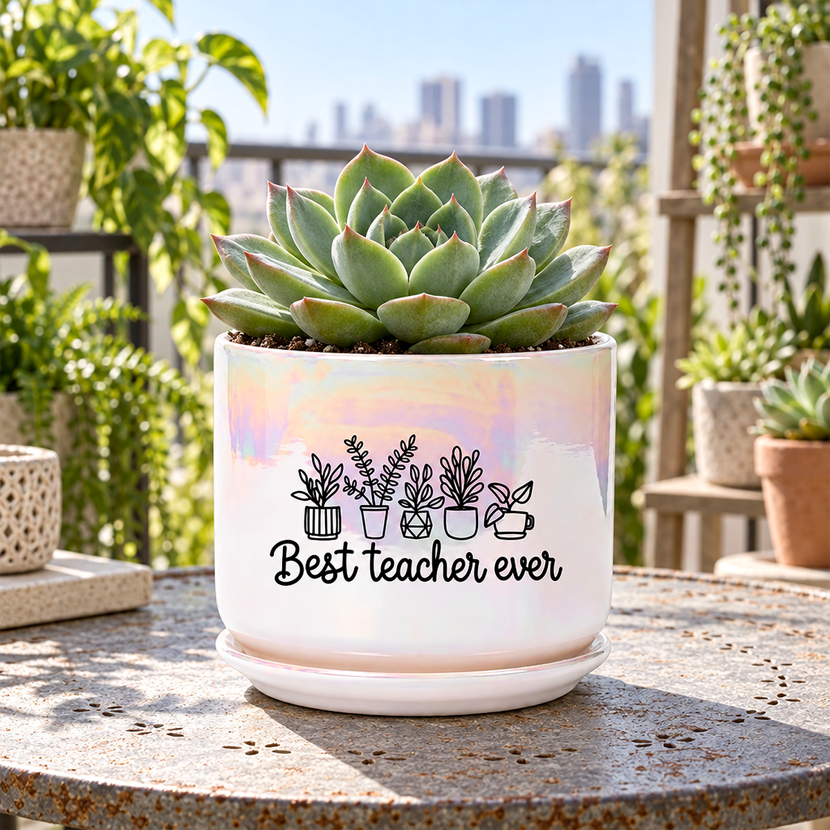 A white ceramic planter with a black 'Best teacher ever' graphic and potted plant illustrations, sitting on a dark kitchen countertop.