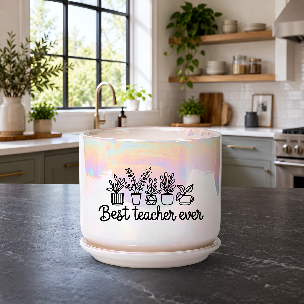 A white ceramic planter pot with a matching saucer sits on a dark kitchen countertop. The pot has an iridescent sheen and is printed with a black graphic of potted plants and the text 'Best teacher ever'.