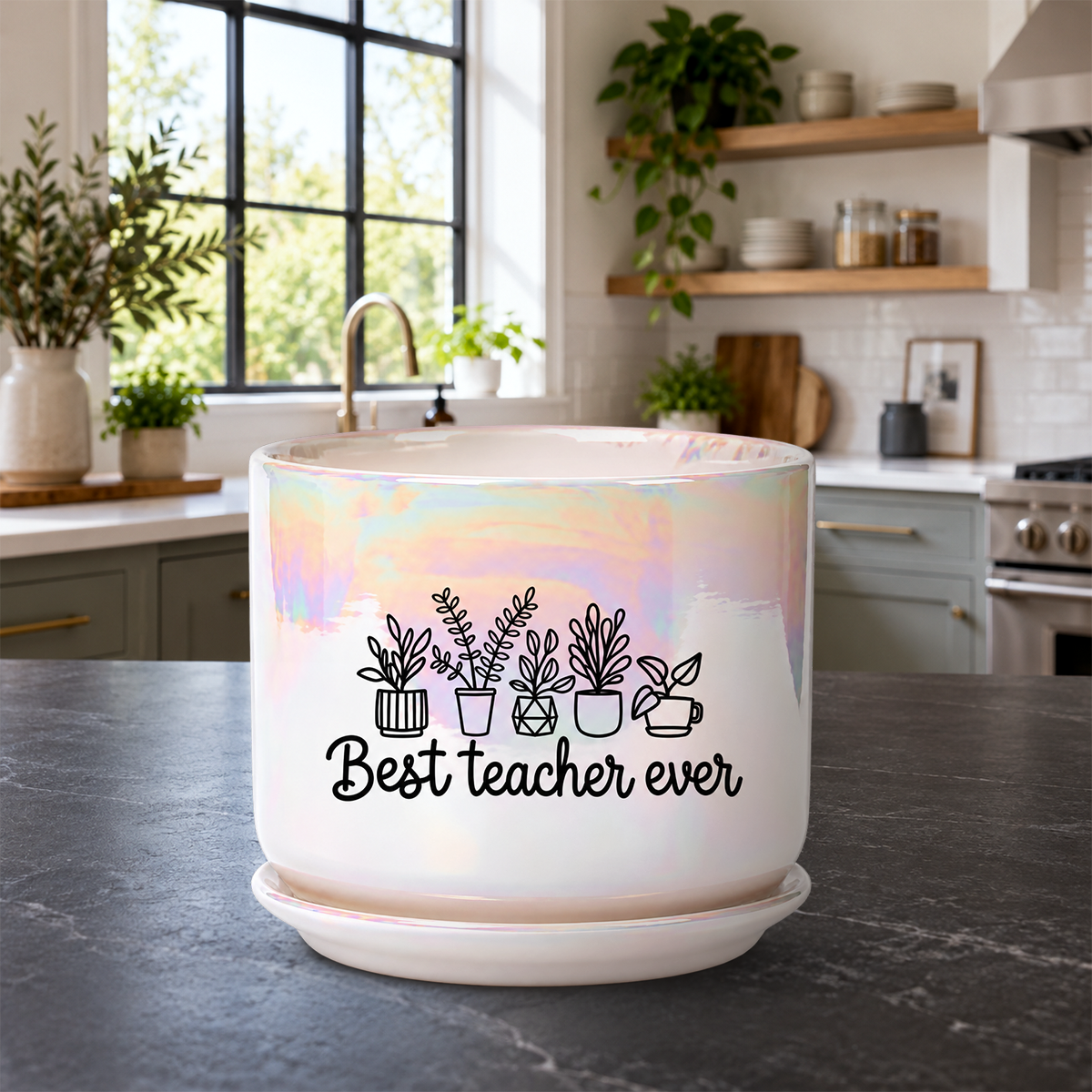 A white ceramic planter with a black 'Best teacher ever' graphic and potted plant illustrations, sitting on a dark kitchen countertop.