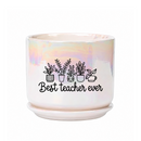 A white ceramic planter pot with a matching saucer sits on a dark kitchen countertop. The pot has an iridescent sheen and is printed with a black graphic of potted plants and the text 'Best teacher ever'.