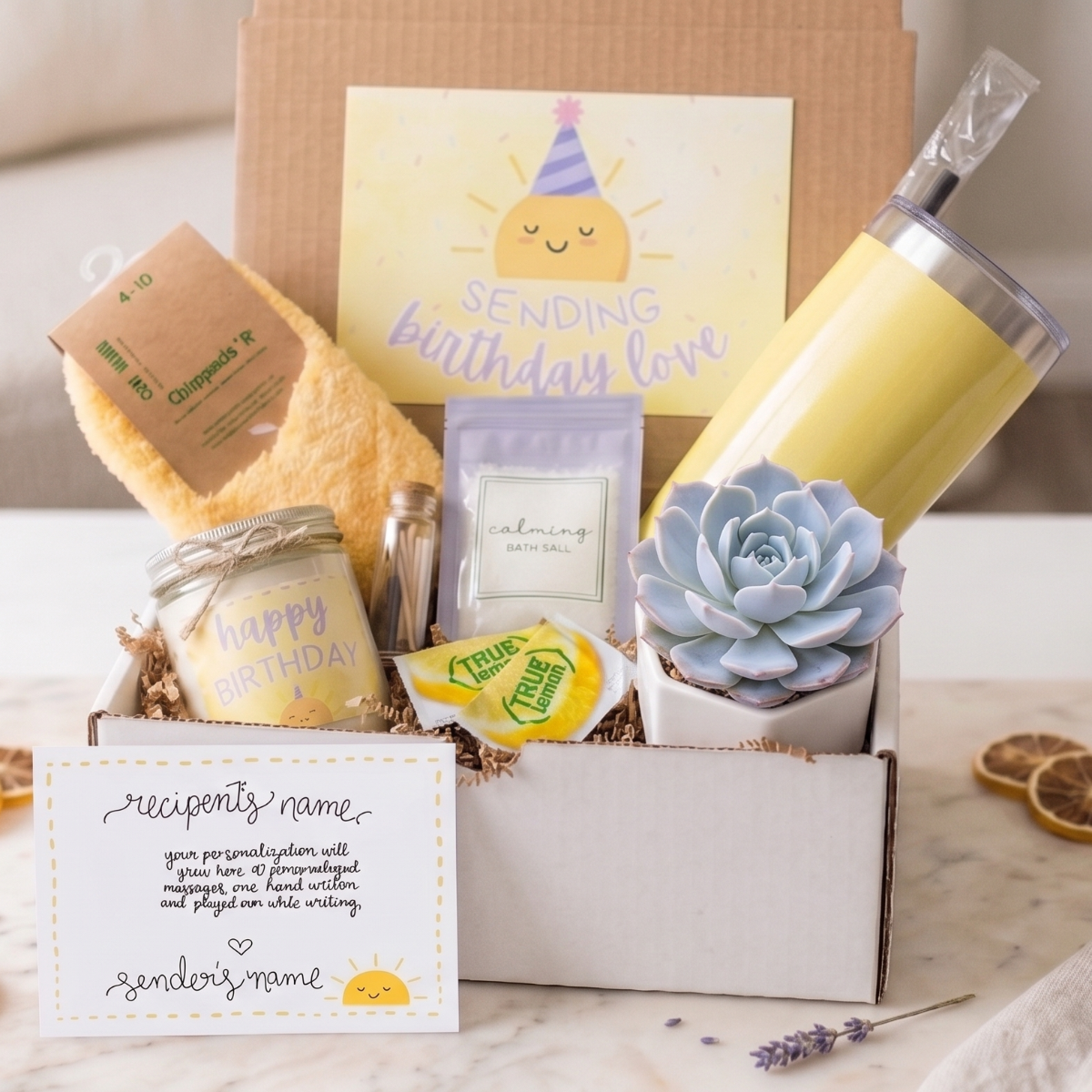 Birthday Succulent Gift Box for sale, birthday succulent gift box for her, birthday plant gift box with succulent and candle, thoughtful birthday gift with succulent and message card, birthday plant gift for mom with succulent