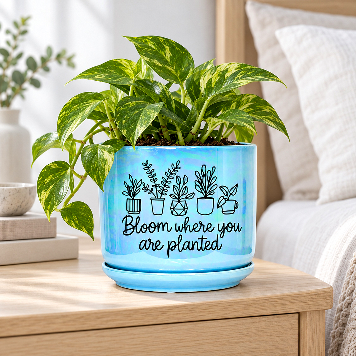 A light blue ceramic planter with a matching saucer, featuring a black graphic of potted plants and the text 'Bloom where you are planted,' shown on a wooden table in a bright bed room.