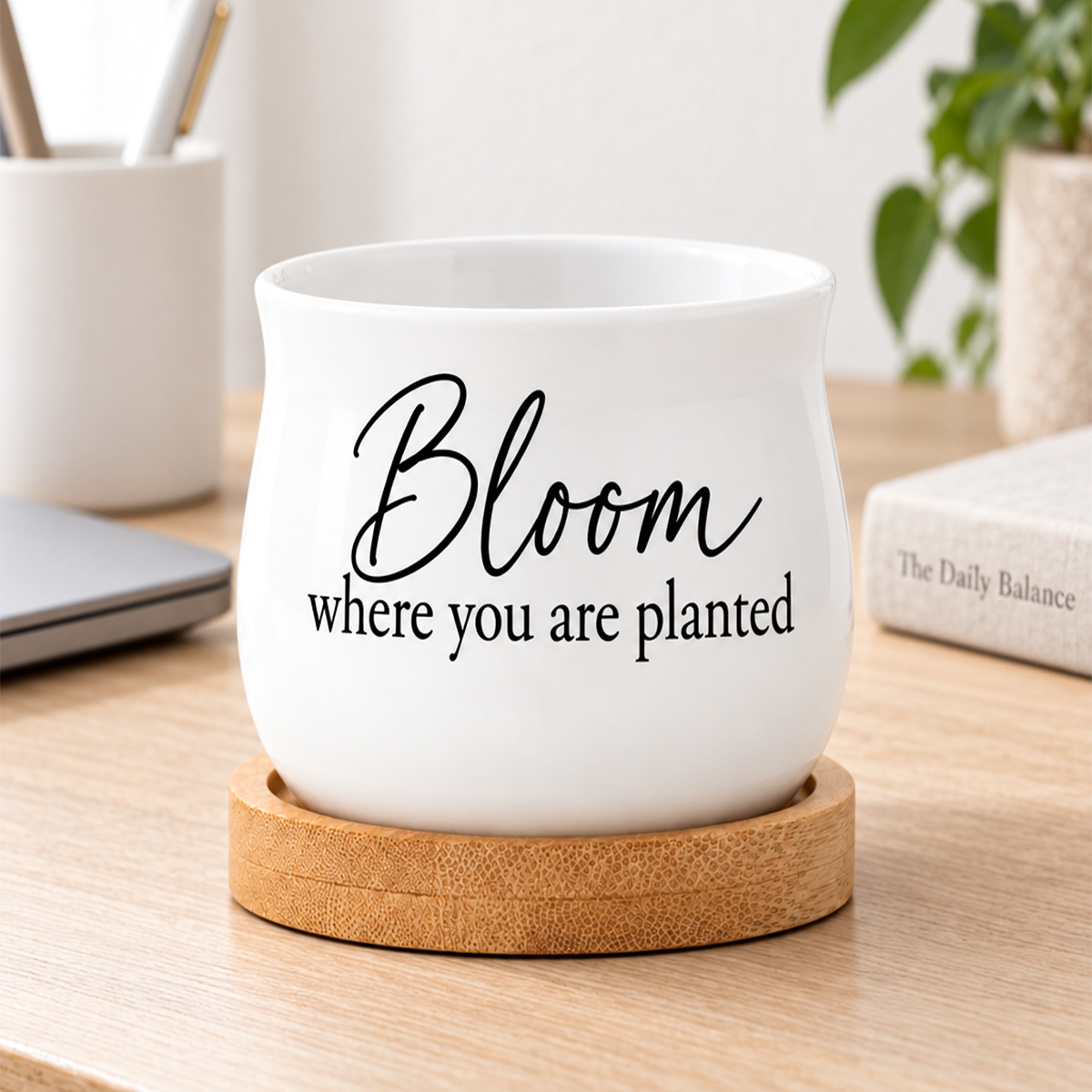 inspirational succulent pot bloom where you are planted for sale, tiny white ceramic pot with quote design, drainage hole ready for real plants, sweet gift idea for any occasion